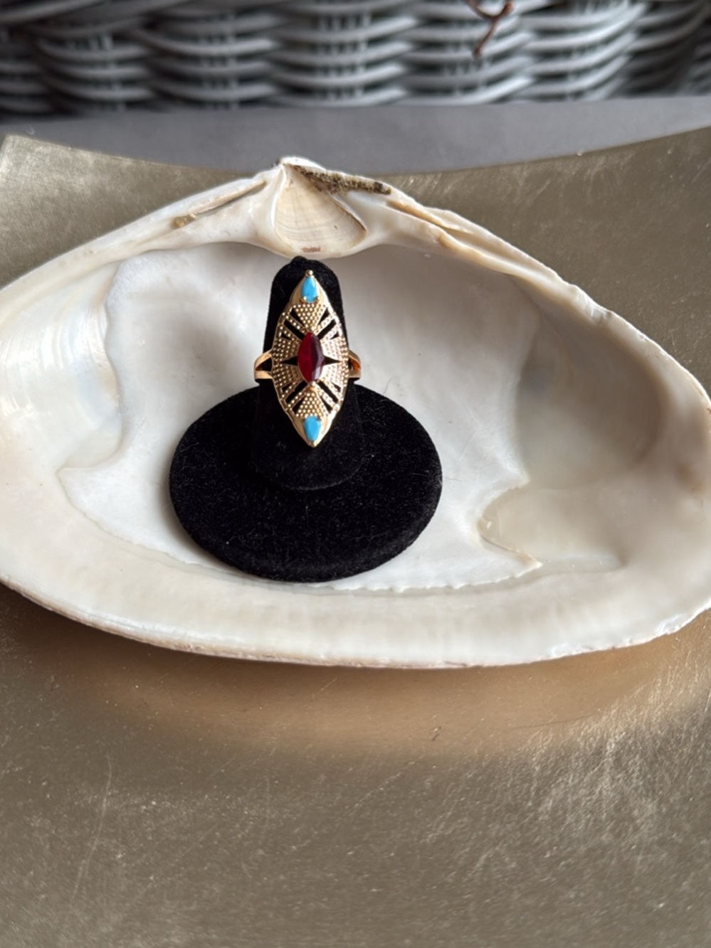 NEW- Gold-Tone Turquoise & Red Marquise Statement Ring Size 6.5 Beautiful Boho